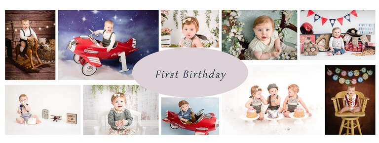 A collage of photos with the words first birthday written in front.