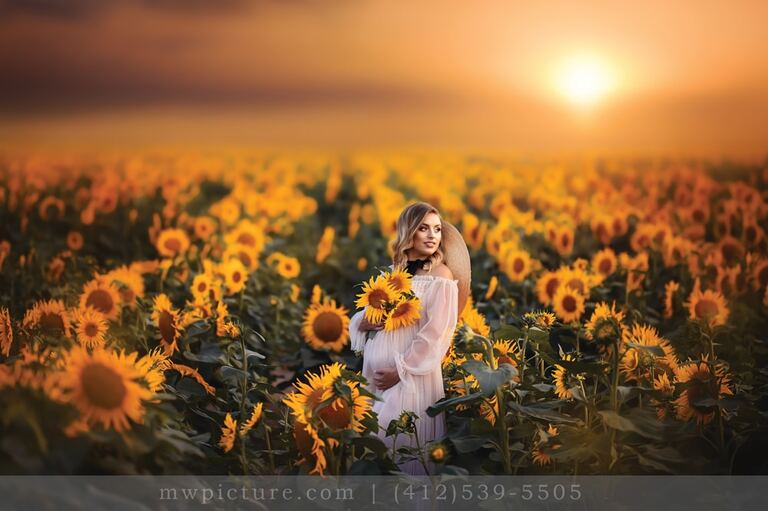 A woman in white dress standing in a field of sunflowers.