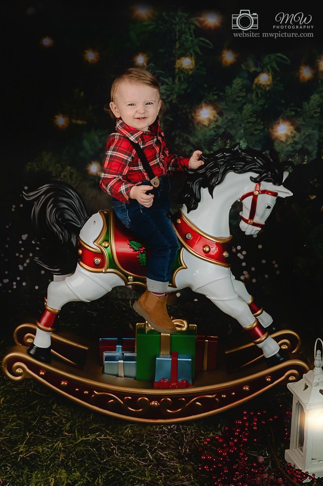 A child is riding on the rocking horse