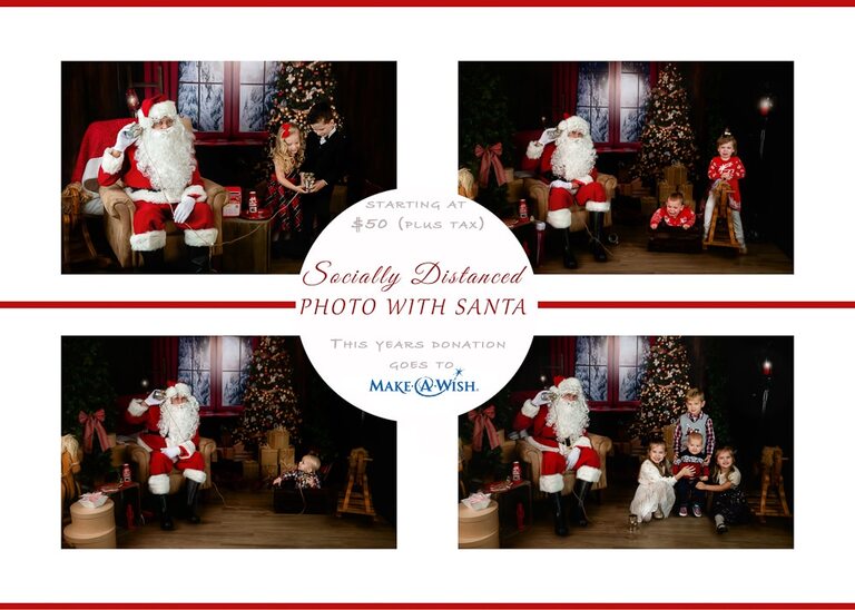 A collage of photos with santa clause and presents.