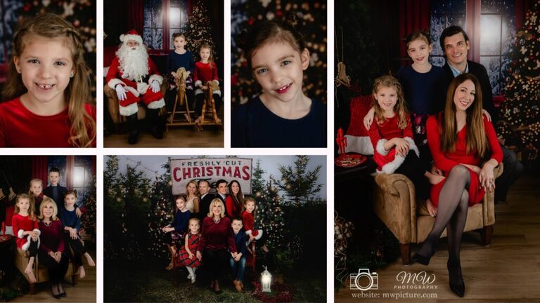 A collage of photos with santa clause and children.