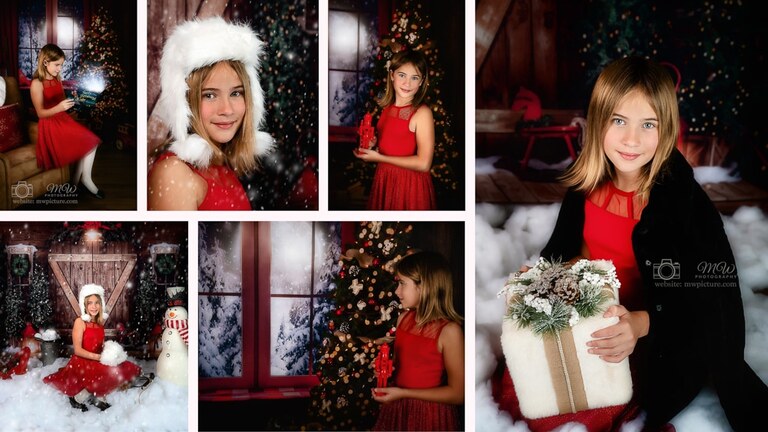 A collage of photos with a girl in red and white.